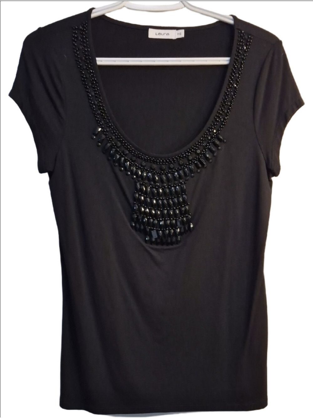 Laura Black Short Sleeve Scoop Neck Top With Beaded Bib
